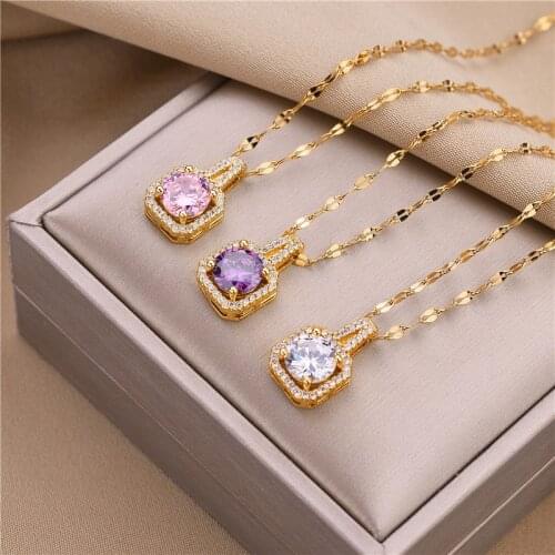 Korean Style Fashion Square Zircon Stainless Steel Clavicle Chain Jewelry For Women Luxury Elegant Female Wedding Necklace Gift