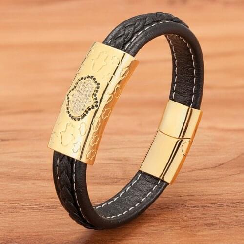 TYO Punk Style Leather Men Bracelet Stainless Steel Magnetic Metal Clasp Cubic Zirconia Palm Design Charm Luxury Jewelry Gift