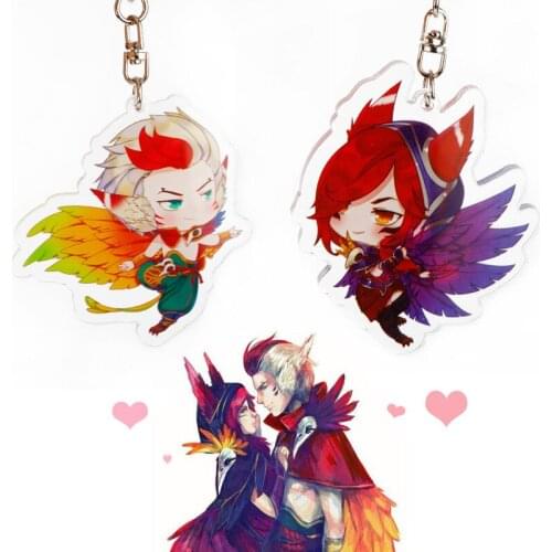 2pcs LOL Xayah and Rakan Couples Key Chains set Cute Double Sided Acrylic Key Chain Pendant Anime Accessories Cartoon Key Ring