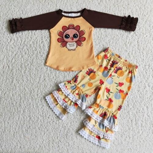 Fall/Autumn Thanksgiving Day Q Version Turkey Shirt Three-layer Ruffles Pants Baby Clothes Sets Children Clothing Outfits