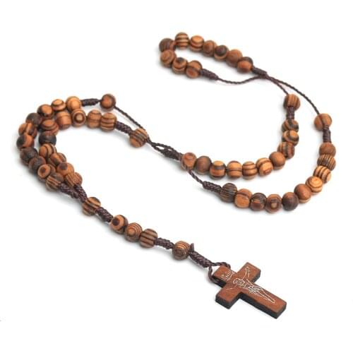 Natural Wood Grain Cross Necklace Rosary Catholic Christian Religious Jewelry Necklace for women hip hop men crucifix goth