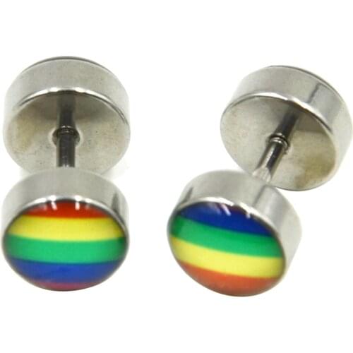 Pair Gay Pride Rainbow Fake Plug Tunnel Cheater Illusion Piercing Ear Stud Earring Jewelry