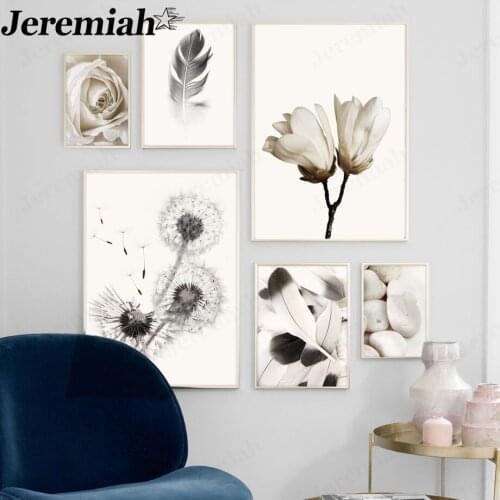 Nordic Minimalist Rose Canvas Poster Black and White Feather Dandelion Painting Wall Art Modern Home Living Room Decoration