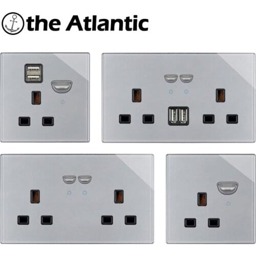 UK Plug 13A Power Socket With USB Charger Wall Outlet Double Outlet Switch Gray Grey Glass South Africa Ireland Malta Socket