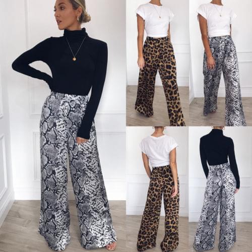 Chic Women Leopard Snake Wide Leg Pants High Waist Elastic Casual Loose Palazzo Flared Long Trousers