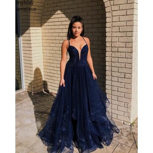 Navy Blue Sexy Tulle Prom Dress Spaghetti Straps Sweetheart Open Back Ruffles Bodice Appliques Plus Size Formal Dress Elegant