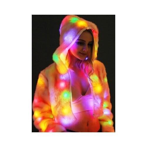 Top brand Hooded Faux Fur Jacket with LED Light Jacket Nightclub Clothing Rabbit Fur Pink Jacket high quality