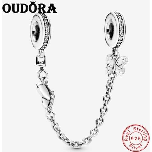 Butterfly Safety Chain Charm Fit Original Pandora Bracelet Charm 925 Sterling Silver Charm Women Jewelry DIY Berloque Making