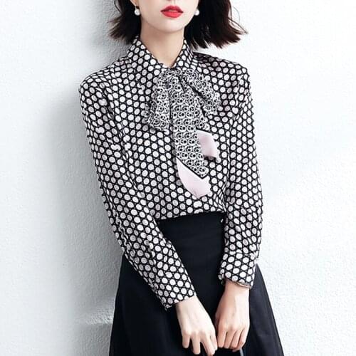 Womens Shirt Chiffon Blouse Oversize Long Sleeve Bowknot Polka Dot Shirt Vintage Shirts Women Blusas Mujer De Moda 2021 Verano