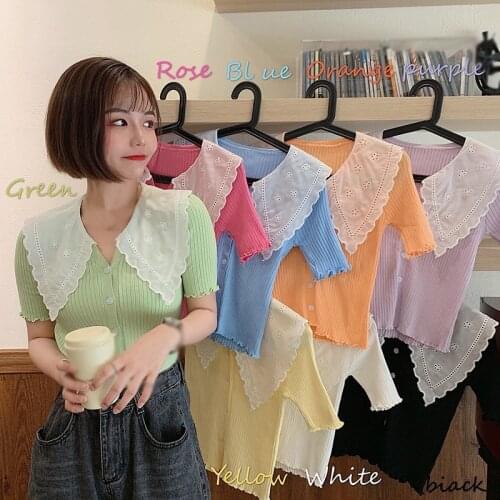 Womens Fashion Sweet Stitching Short-sleeved Knit Cardigan Single-breasted Summer Blouses Tops