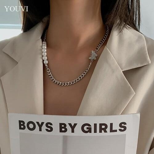 YOUVI Pearl Beads Choker Necklace for Women Stainless Steel Butterfly Chain Necklace on the Neck Fashion Necklace 2021 Gift