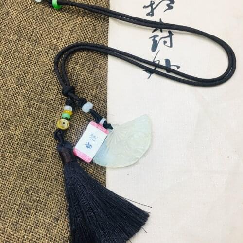 Zheru natural soft jade carved light green ice bottom flower fan pendant with tassel necklace men and women sweater chain