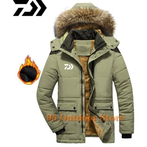 Daiwa Winter Hooded Parka Men Windbreak Thick Detachable Fur Coats Jacket Mens Snow Parka Outerwear Wool Liner Fishing Coat