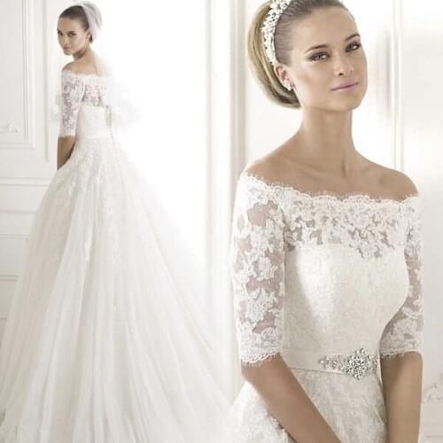 2018 vintage lace bridal gown sleeves crystal casamento sexy boat neck vestido de noiva Handmade mother of the bride dresses