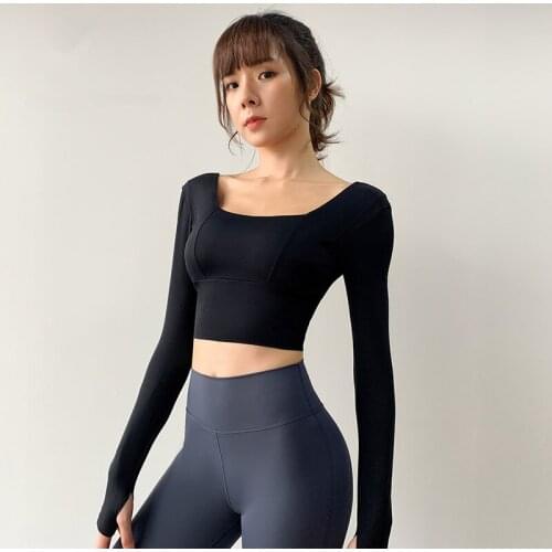 2021 Sports Workout Gym Cropped Tops Women Yoga Shirts Long Sleeve Quick Dry Running Fitness Home Training T-shirts with Padded