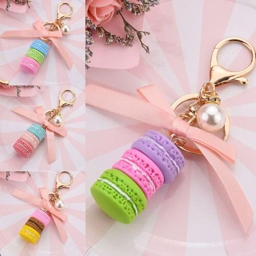 Macaron Cake Keychain Bow Ribbon Pearl Key Ring Charm Women Girl Car Bag Pendant Key Chains ​Party Wedding Gift
