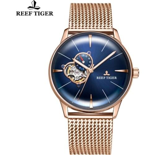 Reef Tiger/RT Luxury Brand Automatic Mechanical Watches Rose Gold Bracelet Waterproof Blue Watch Relogio Masculino RGA8239