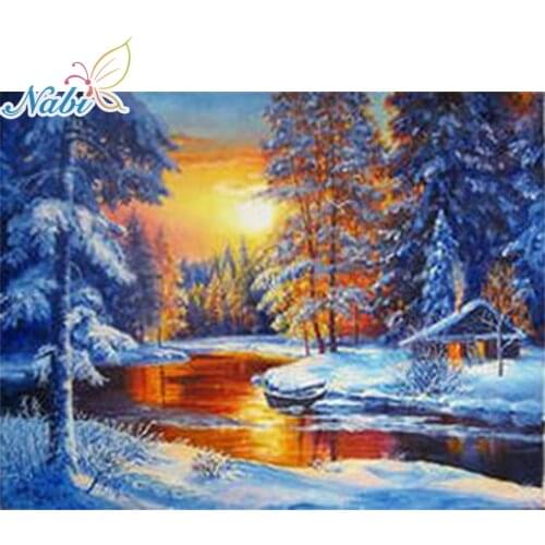 Nabi DIY Diamond Painting Sunset Landscape 100% Round Rhinestone Cross Stitch Winter Picture Square Full Resin Scenic Colored