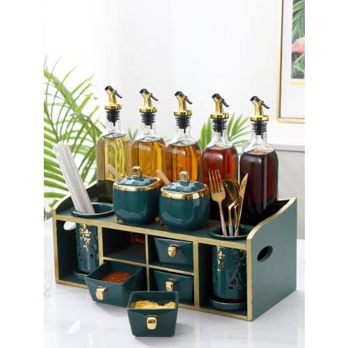Kitchenware Emerald Ceramic Seasoning Tank Oil Bottle Combination Kit Home Chopsticks Podding Box glass jars and lids container