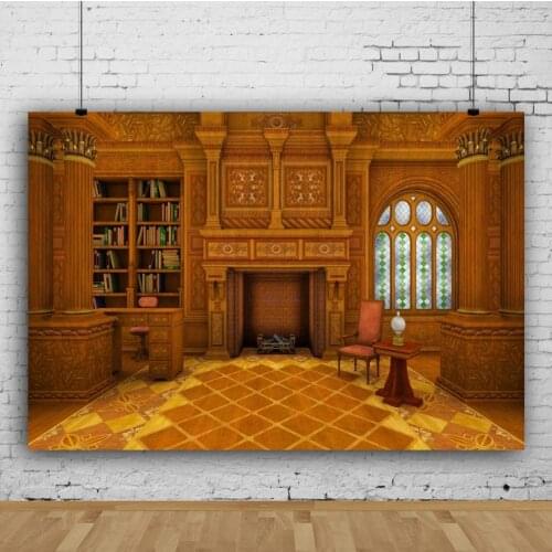Enchanted Library Background Fantasy Magic Retro Interior Room Photography Backdrop Vintage Studyroom Bookcase Carpet Fireplace