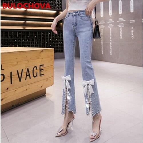 BULOCHOVA 2021 New Arrival Fashion Women Chic High Waist Beaded Diamond Bow Jeans Casual Cowboy Denim Split Slim Flare Pants XXL