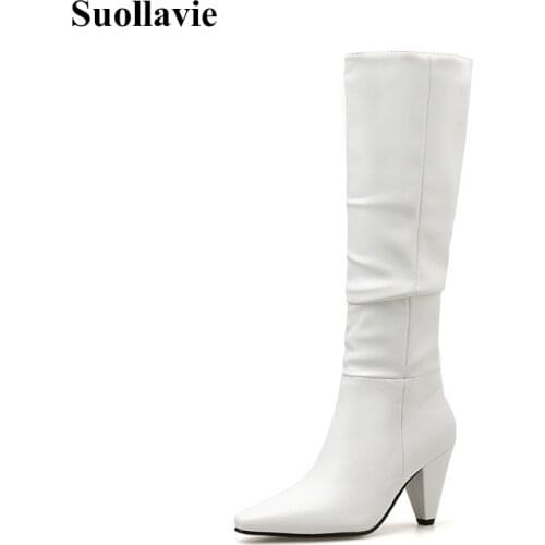 Suollavie new solid boots women Sexy Mid-Calf squared heel botas de mujer pu leather Martin boots hot pointed toe shoes woman