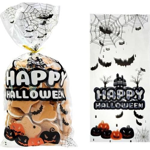 50pcs Hallwoeen Pumpkin Skull Cat Candy Bag Transparent Cellophane Food Plastic Package Bags Halloween Party Decor Gift Bag