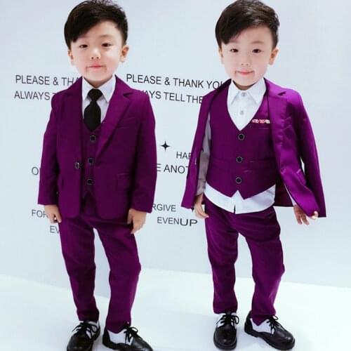 Purple Kids Girl Blazer Sets Top Quality Flower Boy Dress Wedding 4 Parts Tie Jacket Vest Pants Children Formal Outfits New,Q92