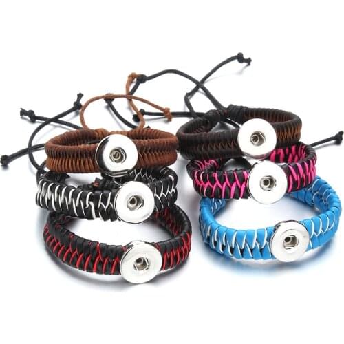 Adjustable Snap Jewelry 18/20mm Handmade Braided Leather Bracelet Watches Women Mens Arm Cuff Button Bangle