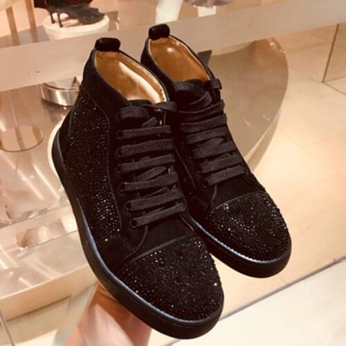 Luxury design full crystal platform mens shoes lace-up high-top mens fashion sports shoes flocking casual sports shoes trendy