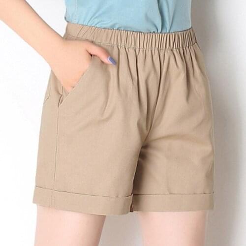 Summer Elastic High Waisted Womens Cotton Shorts Solid Color Sportwear Casual Female Big Sze Shorts Black Pink Khaki