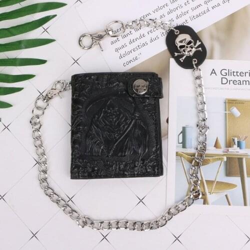 THINKTHENDO Vintage Skull Leather Wallet With Anti Theft Chain Men Bifold ID Credit Card Holder With Key Chain