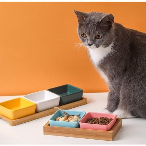 Home Supplies Ceramics Cat Dog Bowl Dish with Bamboo Wood Stand No Spill Pet Food Water Puppy Feeding Kitchen Sauce Snack Holder