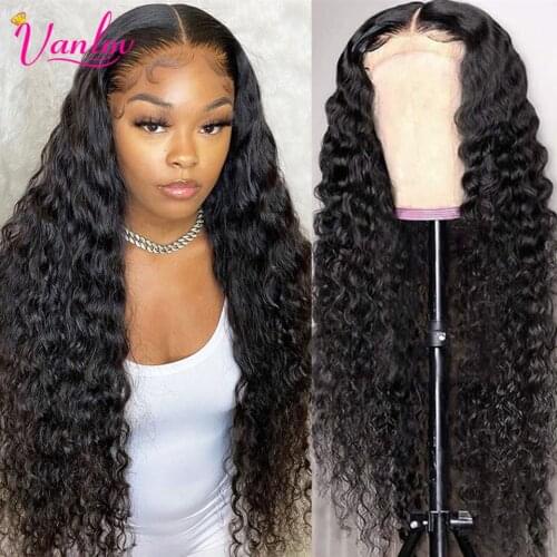 Vanlov Deep Wave Human Hair Wigs Pre Plucked Brazilian T Part Lace Wigs With Baby Hair 13X4X1 Natural Hairline Wigs 150% Remy