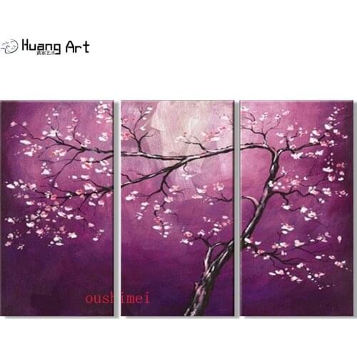 High Quality Modern Purple Oil Painting On Canvas 3PCS a Sets Group Oil Paintings Plum Blossom Tree Landscape Wall Painting