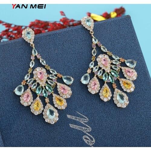 YANMEI Fashion Cz Top Shiny Earrings Fashion Jewelry Wedding Party Earrings for Women Long Water Drop Pave Earring Dubai Jewelry
