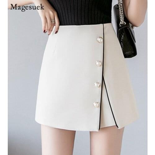 Spring Women Skirts Button A-Line Solid High Waist Mini Skirt Women Elegant Beading Black Short Woman Skirts Faldas Mujer 7639
