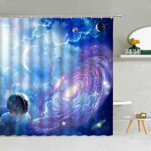 Space Scenery Shower Curtain Earth Moon Planet Night Starry Sky Landscape Bathroom Decor Bath Waterproof Fabric Hooks Curtains