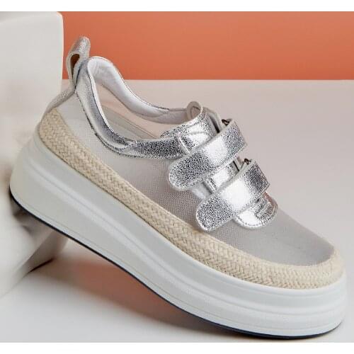 Womens genuine leather air mesh patchwork thick sole platform flats sneakers hook&loop summer breathable comfort casual shoes