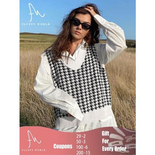 V-neck Sweater Vest Women knitted Houndstooth Sleeveless pullover Fashion Female Waistcoat Chic Tops Autumn Winter Sweaters