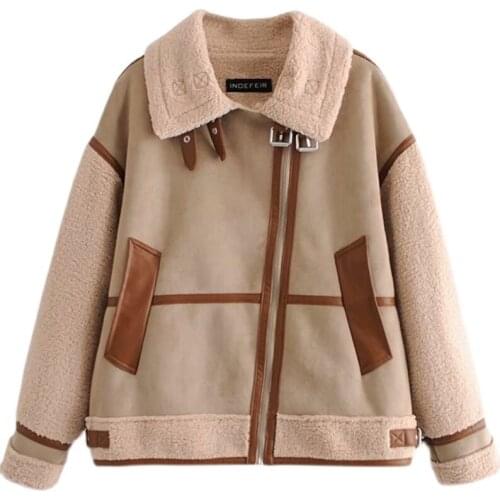 Winter Patchwork Plus Cotton Coat Women Za Stylish Khaki Jacket Casual Lapel Long Sleeve Top Loose Commute Zipper Solid Color