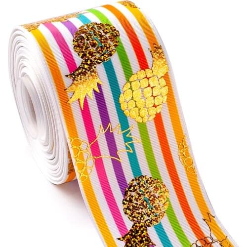 3"75mm 10yard gold laser foil pineapple on heat transfer colorful stripe Grosgrain Ribbon