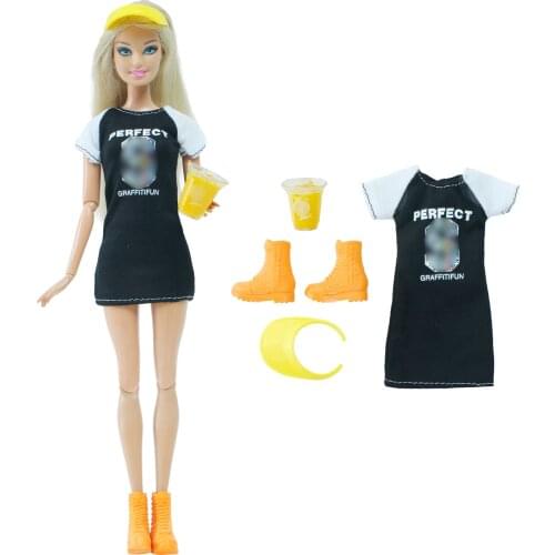 BJDBUS 1 Set Doll Outfit Black T-Shirt Dress Drink Cup Cap Orange Boot Shoes Clothes for Barbie Doll Baby DIY Dress Up Toys