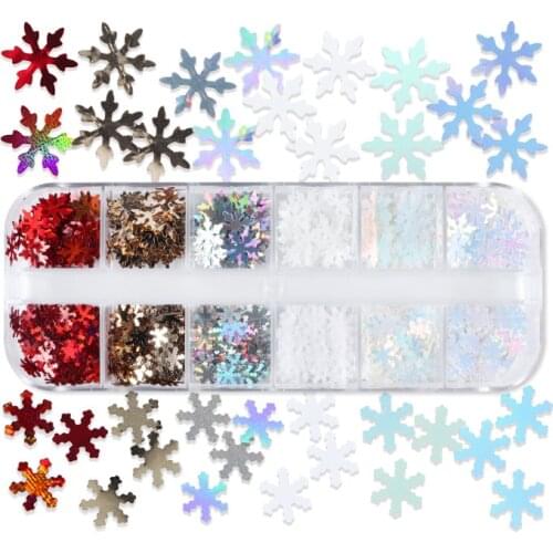 12 Grids White Snowflake Nail Glitter Sequins 3D Holographic Snow Flakes Slices Winter Christmas Manicure Nail Art Decorations