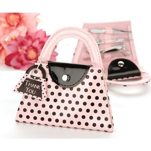 15 Sets/Lot) Elegant Pink themed Wedding gift for guests of Pink Polka Dot Purse Manicure Set Favors for Bridal gifts