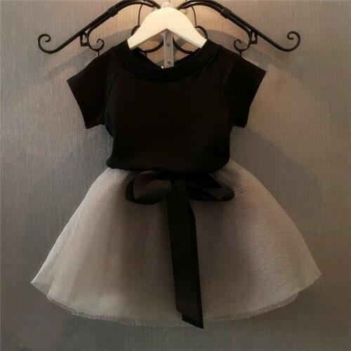 2017 children summer sets Kids short sleeve black cotton T-shirt + Organza bow skirt clothing set for girls 2-7 years