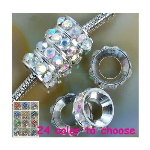 Bcnh24 12mm AB Rhinestone Crystal Rondelle Spacer Beads Lot,Rhodium Plated Big Hole European Beads