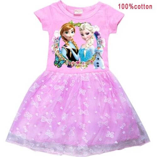 Disney New Baby Girl Summer Princess Dress Girls Cartoon Frozen Elsa Printing Short-sleeve Mesh Dresses Children Party Clothes