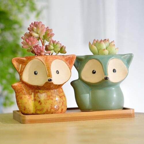 4 Color Ceramic Fox Succulents Plant Pot Micro Cute Mini Bonsai Small Flower Pots Cartoon Planter Home Garden Decor Ornament