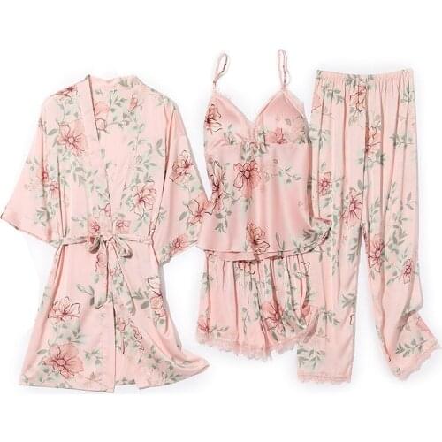 Four Pieces Pjs Sets Women Satin Pajamas With Shorts Lace Trim Sleepwear Sexy Comfy Kimono Robe Gown Sleep Suit V-Neck Lingerie